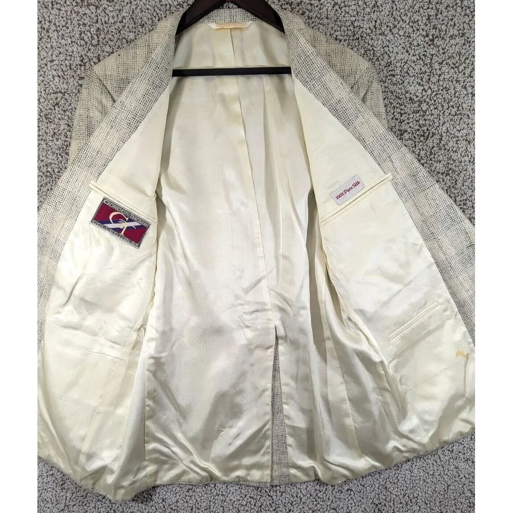 Vtg Gordon Thomas Mens Blazer White/Black 100% Silk Sz L (42) Pit-T-Pit 21